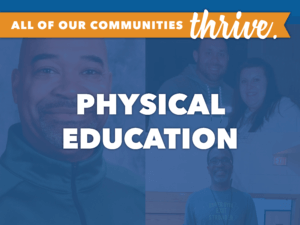 All of our communities thrive, physical education. Pictured behind words are three P.E. teachers