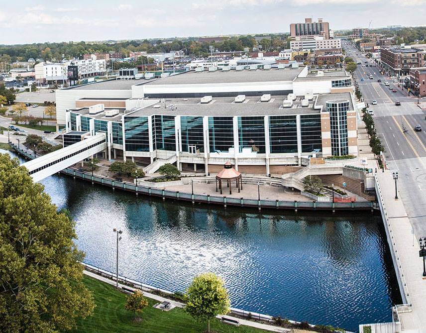 Aerial photo of the Lansing Convention Center in Lansing, Michigan.